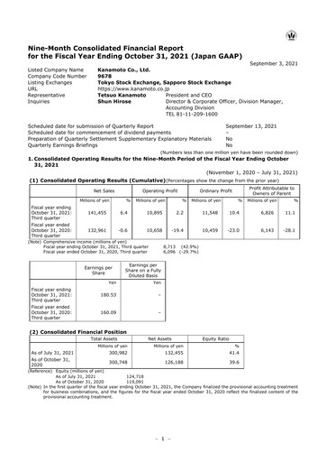 Thumbnail Kanamoto Quarterly Report 2021-q3