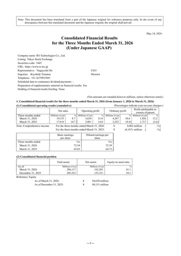 Miniature RS Technologies Rapport trimestriel 2026-q1