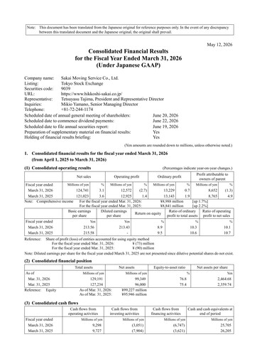 Thumbnail Sakai Moving Service Co.,Ltd. Financial Statement 2025-2026