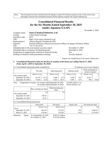 Vorschaubild Sanyo Chemical Industries Halbjahresbericht 2026-h1