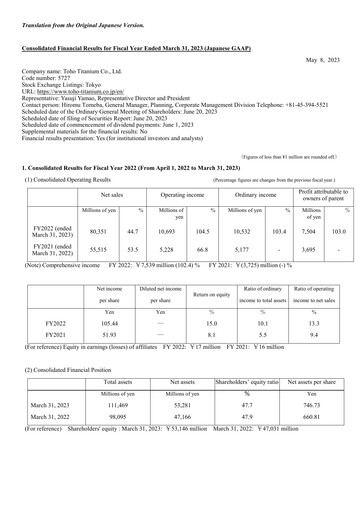 Thumbnail Toho Titanium Financial Statement fy2022