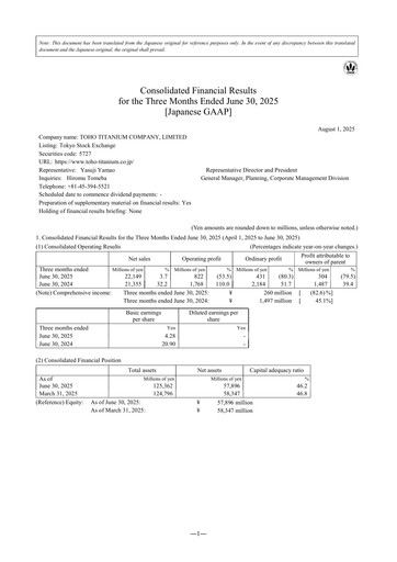 Miniature Toho Titanium Rapport trimestriel 2026-q1