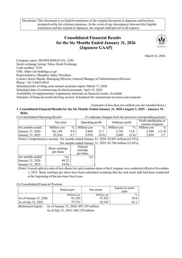 Thumbnail JM Holdings Co.,Ltd. Half-year Report 2026-h1