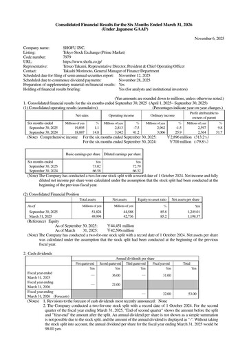 Miniature Shofu Inc. Rapport semestriel 2026-h1