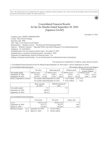 Thumbnail Nissin Corporation Half-year Report 2025-h1