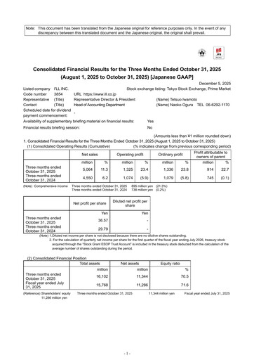 Thumbnail I'LL inc. Quarterly Report 2026-q1