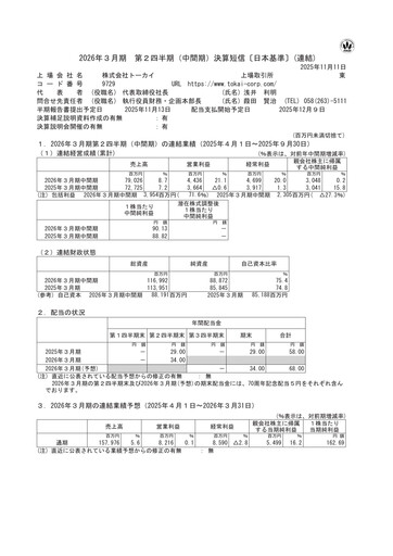 Thumbnail TOKAI Corp. Half-year Report fy2026-h1