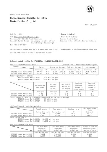 Vorschaubild Hokkaido Gas Finanzmitteilung fy2012