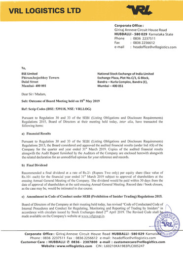 Miniature VRL Logistics Bilan financier 2018-2019