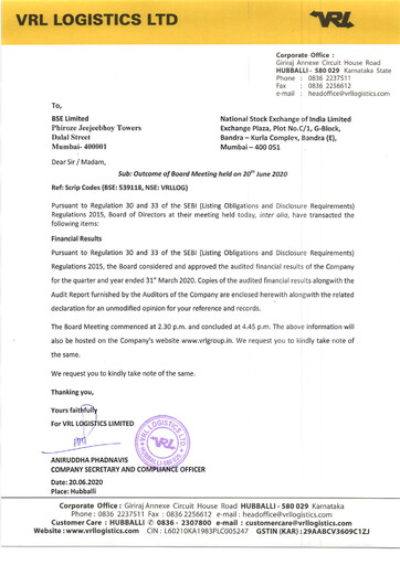 Miniature VRL Logistics Bilan financier 2019-2020