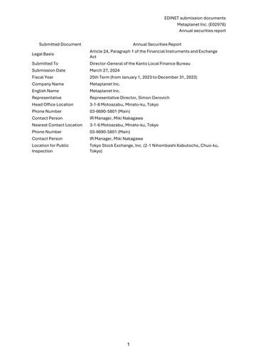 Miniature Metaplanet Inc. Rapport annuel 2023