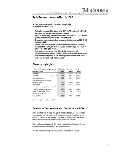 Thumbnail Telia Company Quarterly Report 2007-q1