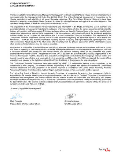 Thumbnail Hydro One
 Financial Statement 2020