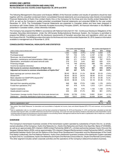 Thumbnail Hydro One
 Quarterly Report 2019-q3