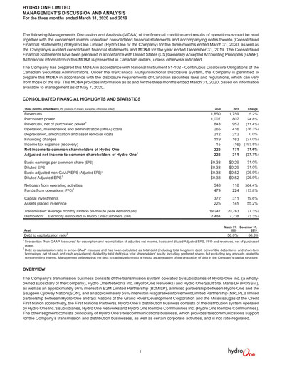 Thumbnail Hydro One
 Quarterly Report 2020-q1