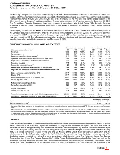 Thumbnail Hydro One
 Quarterly Report 2020-q3
