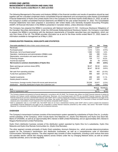 Thumbnail Hydro One
 Quarterly Report 2023-q1