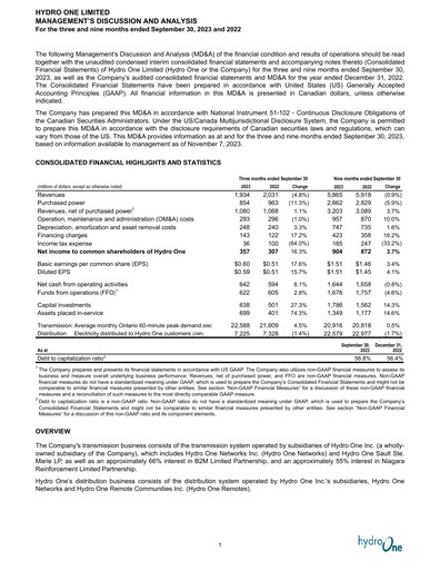 Thumbnail Hydro One
 Quarterly Report 2023-q3