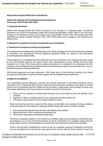 Thumbnail National Gas Company SAOG Financial Statement 2022