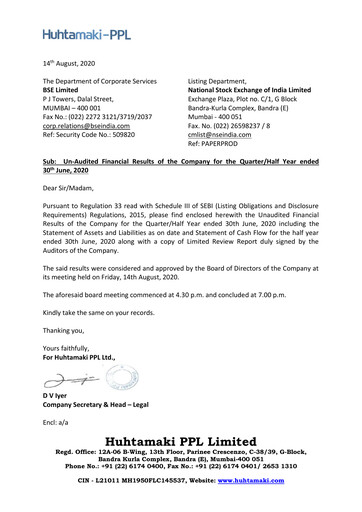 Thumbnail Huhtamaki India
 Quarterly Report 2020-q2