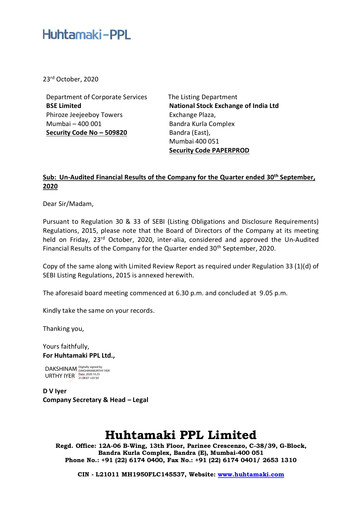 Thumbnail Huhtamaki India
 Quarterly Report 2020-q3