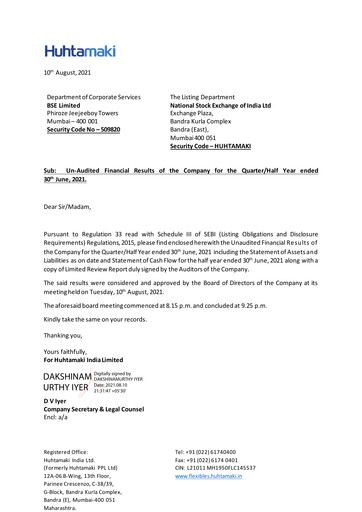 Thumbnail Huhtamaki India
 Quarterly Report 2021-q2