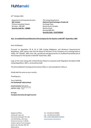 Thumbnail Huhtamaki India
 Quarterly Report 2021-q3