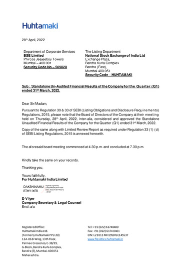 Thumbnail Huhtamaki India
 Quarterly Report 2022-q1