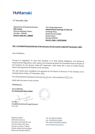 Thumbnail Huhtamaki India
 Quarterly Report 2022-q3