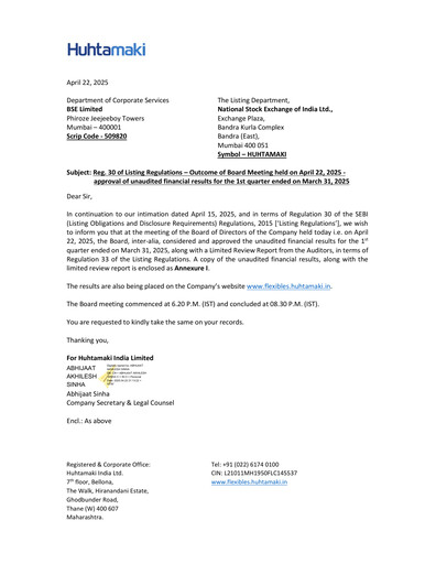 Thumbnail Huhtamaki India
 Quarterly Report 2025-q1
