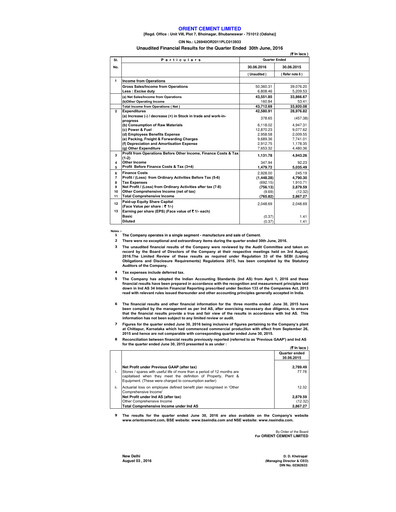 Thumbnail Orient Cement
 Quarterly Report 2016-q1
