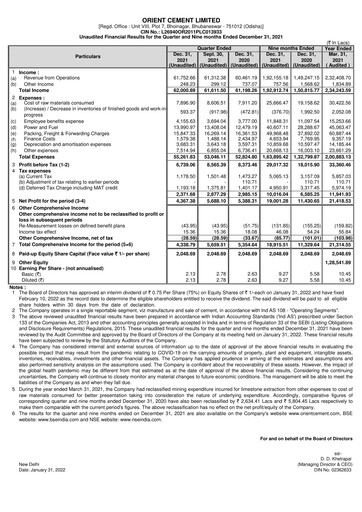 Thumbnail Orient Cement
 Quarterly Report 2021-q3