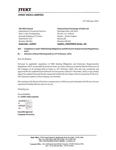 Vorschaubild JTEKT India Quartalsbericht 2023-q3