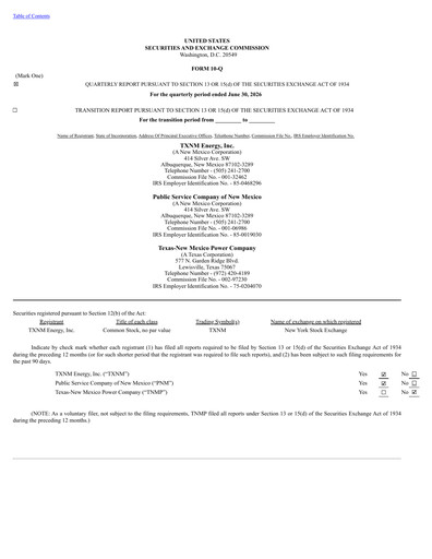 Miniature TXNM Energy Rapport trimestriel 2026-q2