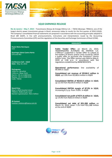 Thumbnail Taesa (Transmissora Aliança de Energia Elétrica) Quarterly Report 2010-q1