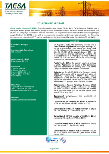 Thumbnail Taesa (Transmissora Aliança de Energia Elétrica) Quarterly Report 2010-q2