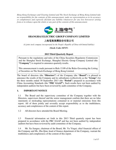 Thumbnail Shanghai Electric Group Quarterly Report 2013-q3