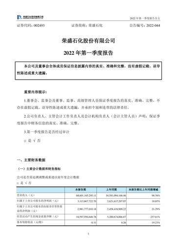 Miniature Rongsheng Petrochemical Rapport trimestriel 2022-q1