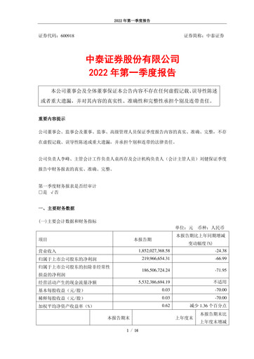 Thumbnail Zhongtai Securities Quarterly Report 2022-q1