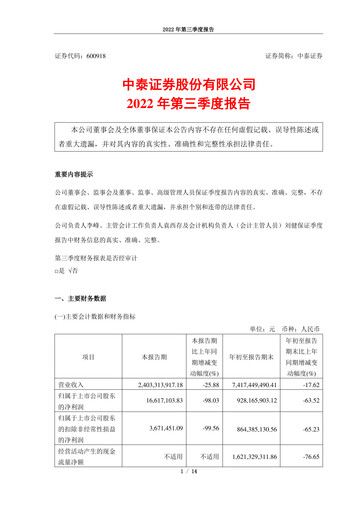 Thumbnail Zhongtai Securities Quarterly Report 2022-q3