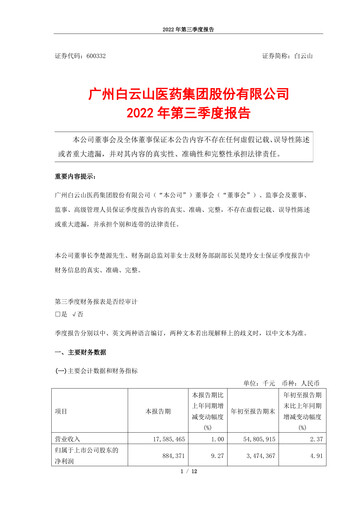 Thumbnail Guangzhou Baiyunshan Pharmaceutical Holdings Quarterly Report 2022-q3