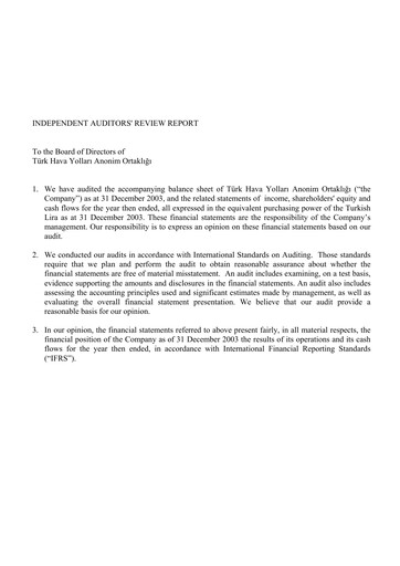 Thumbnail Turkish Airlines Financial Statement 2003