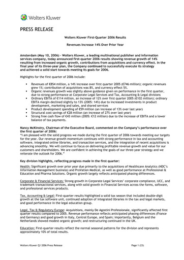 Thumbnail Wolters Kluwer Financial Statement 2006-q1