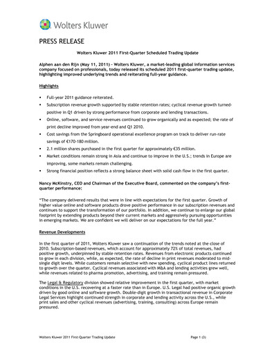 Thumbnail Wolters Kluwer Financial Statement 2011-q1