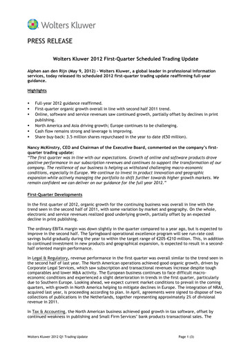 Thumbnail Wolters Kluwer Financial Statement 2012-q1