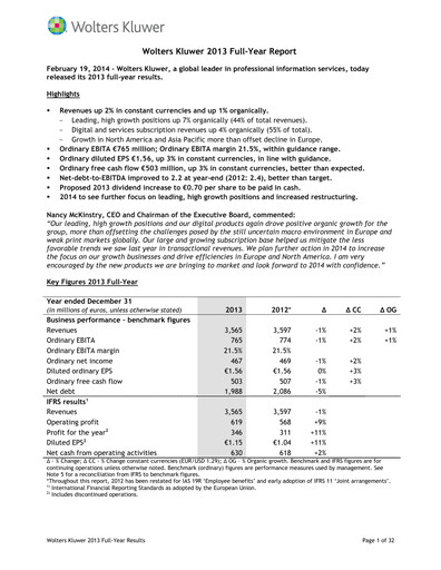 Thumbnail Wolters Kluwer Financial Statement 2013