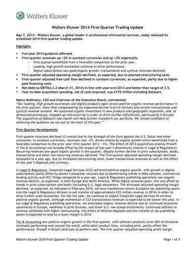 Thumbnail Wolters Kluwer Financial Statement 2014-q1