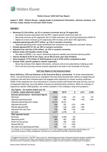Thumbnail Wolters Kluwer Financial Statement 2020-h1