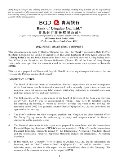 Thumbnail Bank of Qingdao (BQD) Quarterly Report 2022-q1