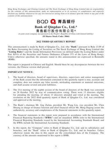Thumbnail Bank of Qingdao (BQD) Quarterly Report 2022-q3